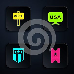 Set Baseball ticket, Vote, American flag and USA Independence day. Black square button. Vector