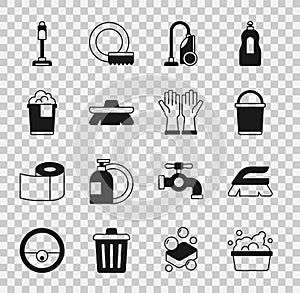 Set Basin with soap suds, Brush for cleaning, Bucket, Vacuum cleaner, foam, and Rubber gloves icon. Vector