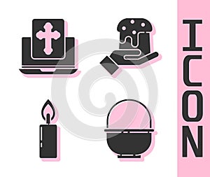 Set Basket, Cross on the laptop screen, Burning candle and Human hand and easter cake icon. Vector