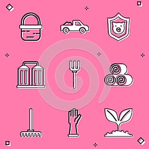 Set Basket, Pickup truck, Shield with pig, Granary, Garden pitchfork, Roll of hay, rake and Rubber gloves icon. Vector