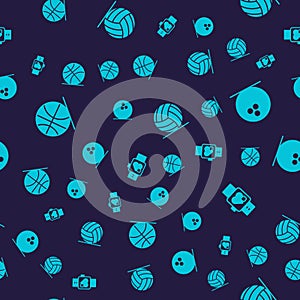 Set Basketball ball, Bowling, Volleyball and Smart watch with heart on seamless pattern. Vector