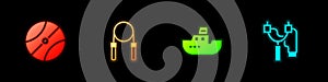 Set Basketball ball, Jump rope, Toy boat and Slingshot icon. Vector