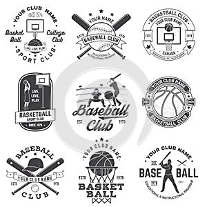 Set of basketball and baseball badge, emblem. Vector. Concept for shirt, print, stamp, apparel or tee. Vintage design