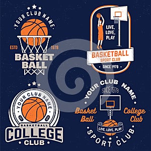 Set of basketball club badge. Vector. Graphic design for t-shirt, tee, print or apparel. Vintage typography design with