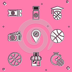 Set Basketball game ticket, training, Location with basketball, and Sports shop and icon. Vector