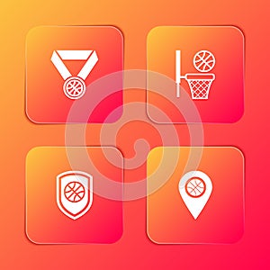 Set Basketball medal, and basket, Shield in the basketball and Location with icon. Vector