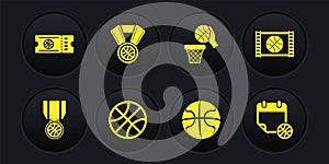 Set Basketball medal, game video, and basket, on sport calendar and ticket icon. Vector