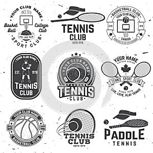 Set of basketball and tennis badge, emblem or sign. Vector. Concept for shirt, print or tee. Vintage typography design