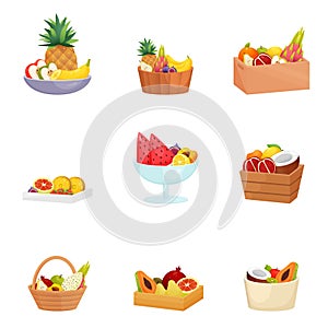 Set of baskets, bowls, dishes, vases with different fruits over white background