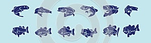 Set of bass fish cartoon icon design template with various models. vector illustration isolated on blue background