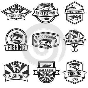 Set of bass fishing emblem templates on white backgroun