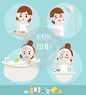 Set of bath time pack. a Cute girl brushing teeth. a Girl cleaning and care her face. a Girl taking shower.Women taking a Bath wi