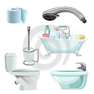 Set of bathroom equipment realistic vector illustration. Bidet, toilet, bath