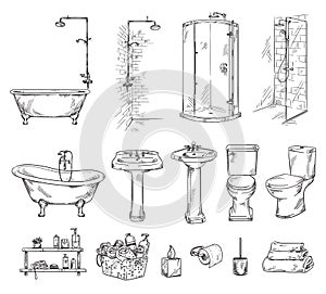 Set of bathroom objects: bathtub, shover, sink and toilet bowl. Bathroom accessories vector sketch