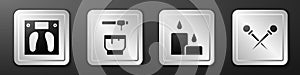 Set Bathroom scales, Honey dipper stick and bowl, Burning candle and Knitting needles icon. Silver square button. Vector