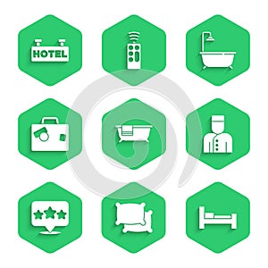 Set Bathtub, Pillow, Hotel room bed, Concierge, Five stars rating review, Suitcase, with shower and Signboard text icon