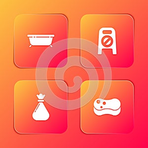 Set Bathtub, Wet floor and cleaning in progress, Garbage bag and Sponge icon. Vector