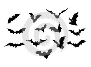 Set bats. Collection of bats. Flying bats. Halloween. Set of black silhouettes. Cartoon bats. Line art. Drawing by hand