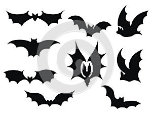 Set bats. Collection of bats. Flying bats. Halloween. Set of black silhouettes. Cartoon bats. Line art. Drawing by hand