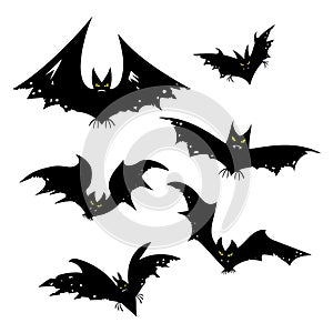 Set of bats for Halloween. Collection of black bats. Silhouettes of flying monsters. The bloodsuckers. Clip art for