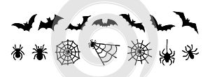 Set bats, spiders, cobwebs, isolated on white background. Vector illustration, traditional Halloween decorative elements