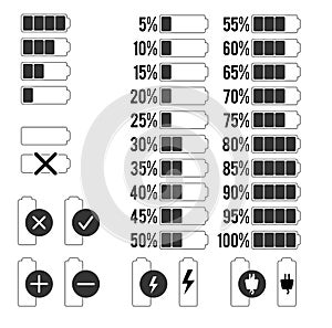 Set of Battery Charge Icons with Percentages and Symbols