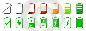 Set of battery charge level indicator icons, level battery energy collection, discharged and fully charged battery signs