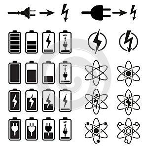 Set of battery charge level indicators on white