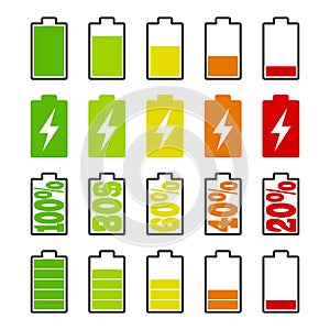 Set of battery charge level indicators on white background. Cell phone, smartphone electric charge, battery energy icons