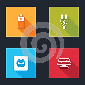 Set Battery, Electric plug, Electrical outlet and Solar energy panel icon. Vector
