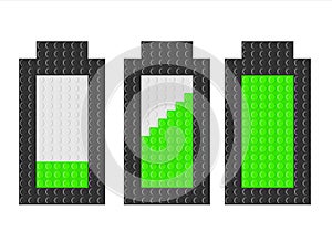 Set of battery icons with different charge levels on white background. Battery indicator with brick blocks toy. Vector