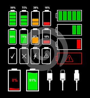 Set of battery indicator icons and charger connector