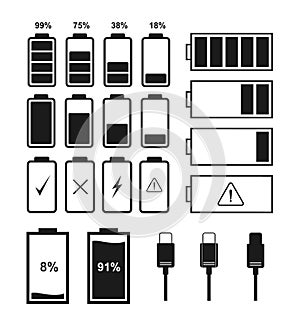 Set of battery indicator icons and charger connector