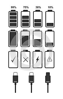 Set of battery indicator icons and charger connector