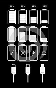 Set of battery indicator icons and charger connector