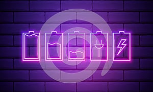 Set of battery neon icon. Charger glowing sign. Vector symbol of low and full battery isolated on brick wall.