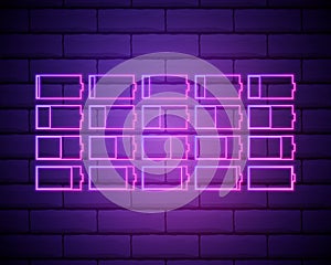 Set of battery neon icon. Charger glowing sign. Vector symbol of low and full battery isolated on brick wall.