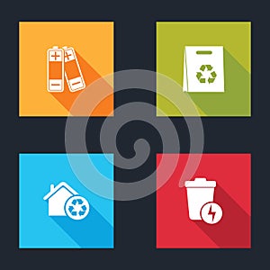 Set Battery, Shopping bag with recycle, Eco House recycling and Lightning trash can icon. Vector