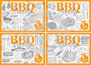 Set bbq barbecue grill posters elements grilled food sausages chicken french fries, steaks fish BBQ bar vegetables party welcome.