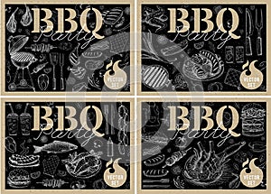 Set bbq barbecue grill posters elements grilled food sausages chicken french fries, steaks fish BBQ bar vegetables party welcome.