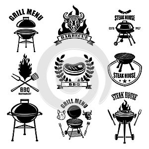 Set of bbq emblem, badges and design elements. Grill party. Vector illustration