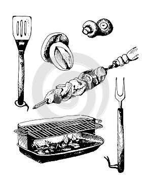 Set of bbq objects, doodle style, vector