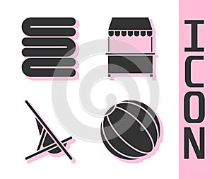 Set Beach ball, Towel stack, Sunbed and Street stall with awning icon. Vector