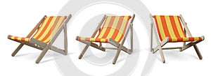 Set of Beach chaise longue for summer rest. Wooden deck chair.