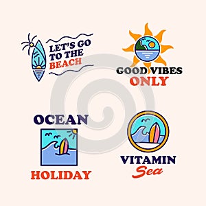 Set of Beach holiday simple line label vector image, summer tropical retro vintage hipstercartoon logo icon illustration