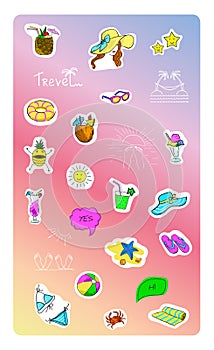 Set of beach Instagram Story highlights icons.Vector illustration by hand