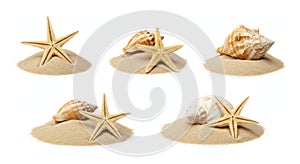 Set of beach sand and sea shells on white background 02