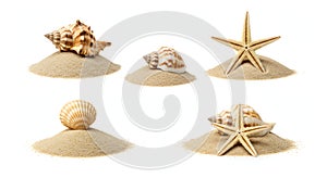 Set of beach sand and sea shells on white background 01