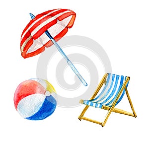 Set of beach, summer objects, umbrella, ball, chair isolated on white background, watercolor