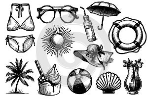 A set beach-themed illustrations, including a bikini, sunglasses